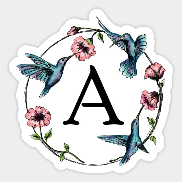 Monogram Frame Hummingbirds Letter A Sticker by rachelsfinelines